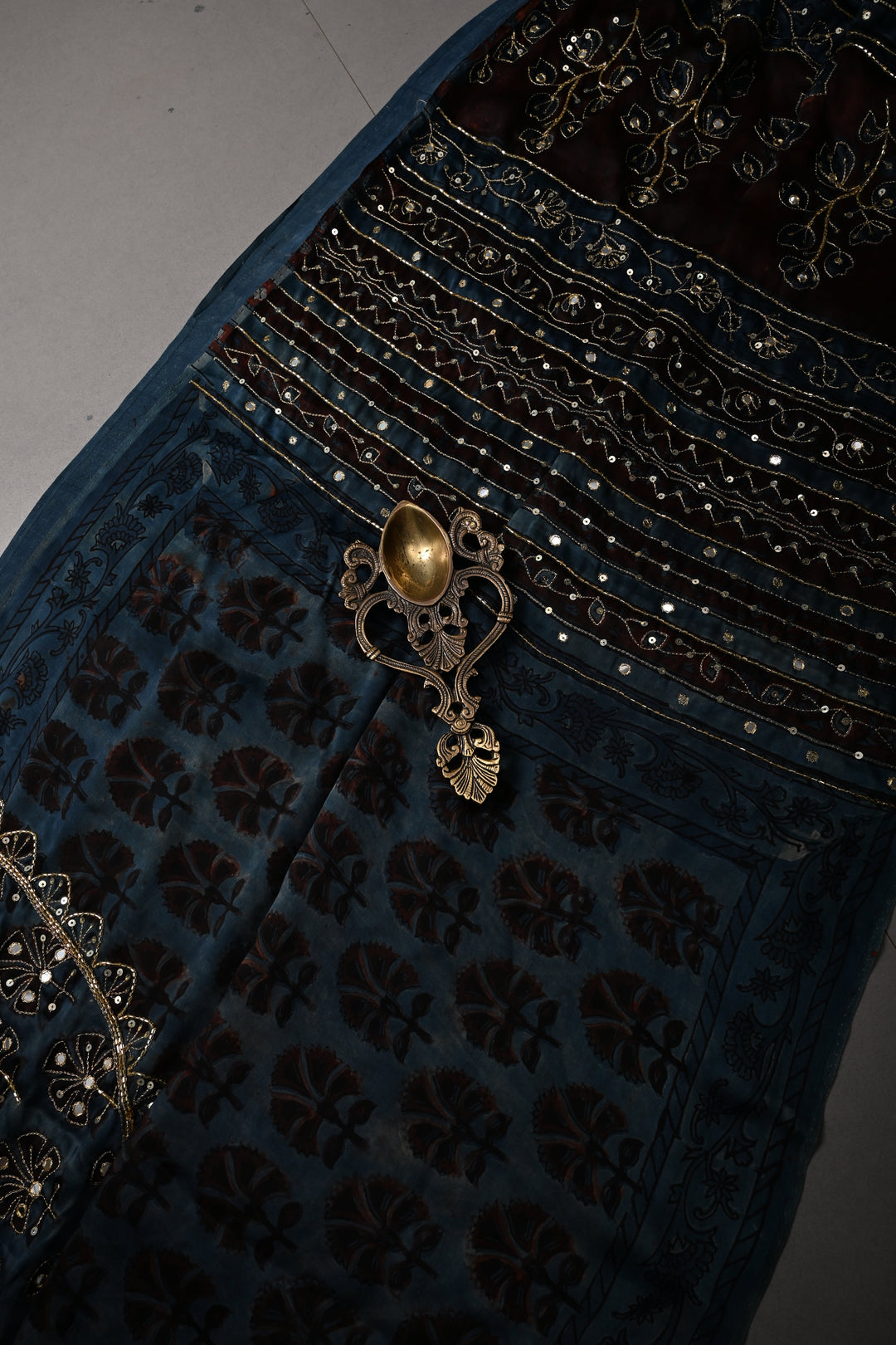Blue Modal Silk Saree with Floral Hand Block Print and Sequins, Cutdana and Mirror Hand Embroidery | SHOBITAM