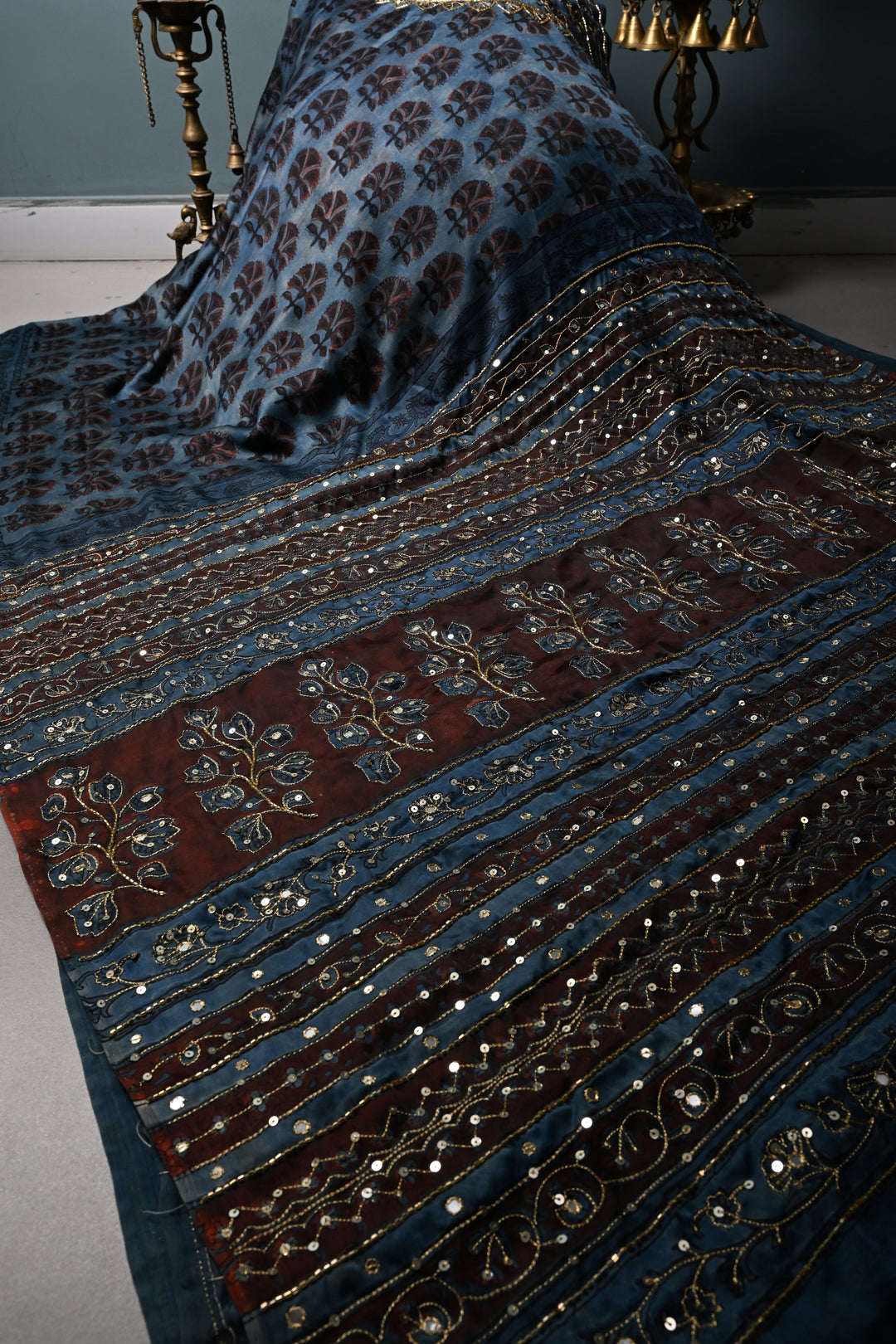 Blue Modal Silk Saree with Floral Hand Block Print and Sequins, Cutdana and Mirror Hand Embroidery | SHOBITAM