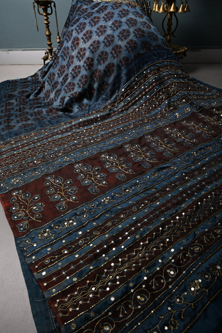 Blue Modal Silk Saree with Floral Hand Block Print and Sequins, Cutdana and Mirror Hand Embroidery | SHOBITAM