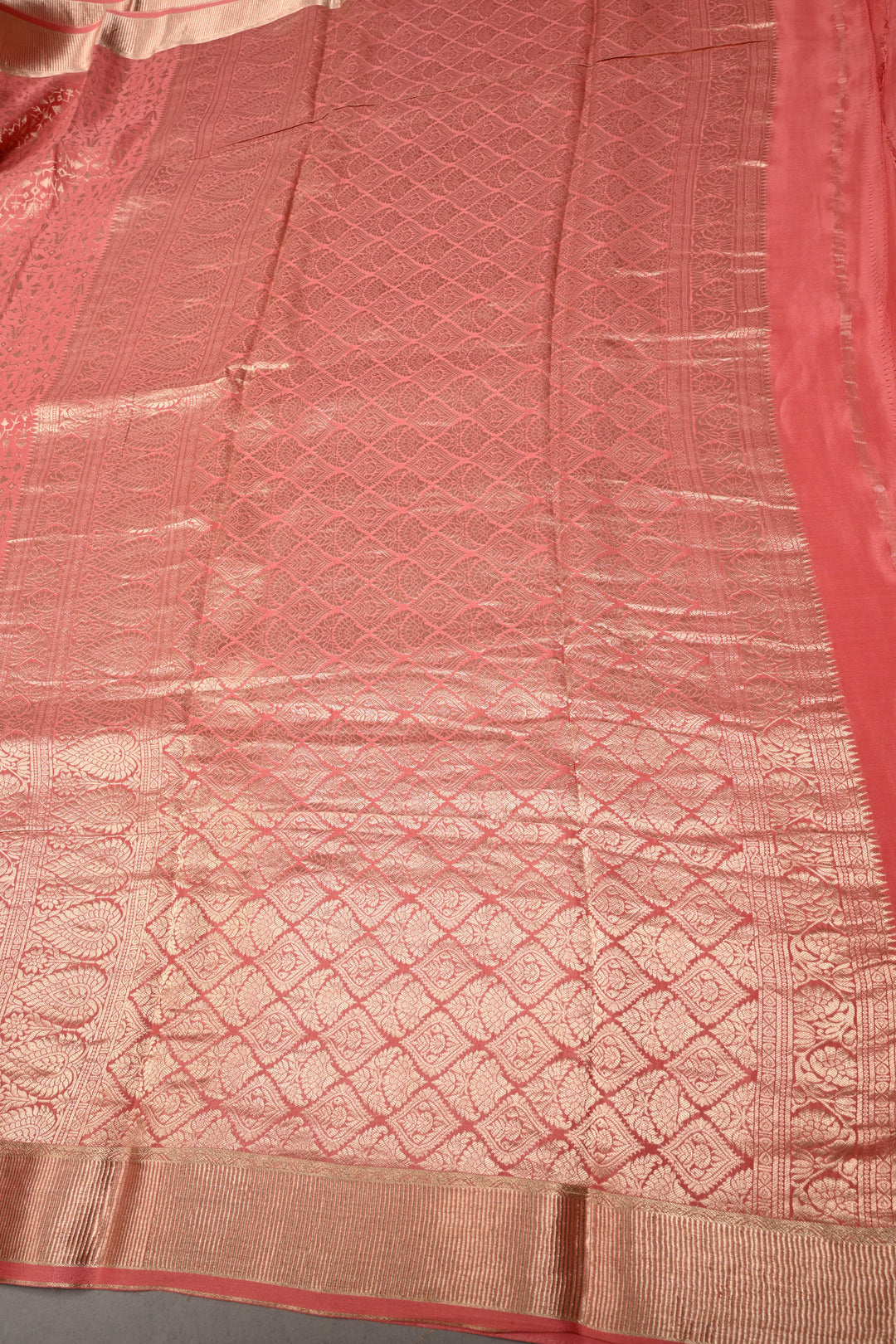 Coral Peach Mysore Silk Saree with Geometric Zari Brocade and Zari Border | SILK MARK CERTIFIED | SHOBITAM