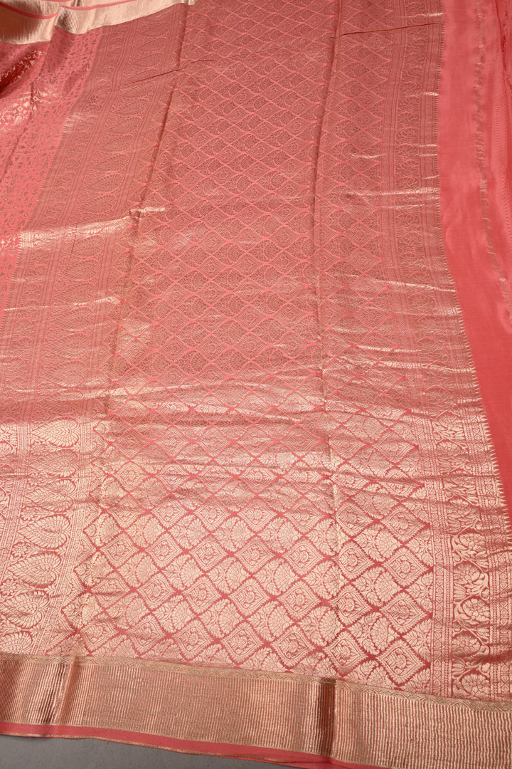 Coral Peach Mysore Silk Saree with Geometric Zari Brocade and Zari Border | SILK MARK CERTIFIED | SHOBITAM