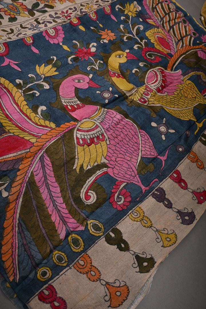 Floral Theme : Beige Authentic Pen Kalamkari Handpainted on Pure Tussar Silk Saree with Contrast Borders | SILK MARK CERTIFIED | SHOBITAM