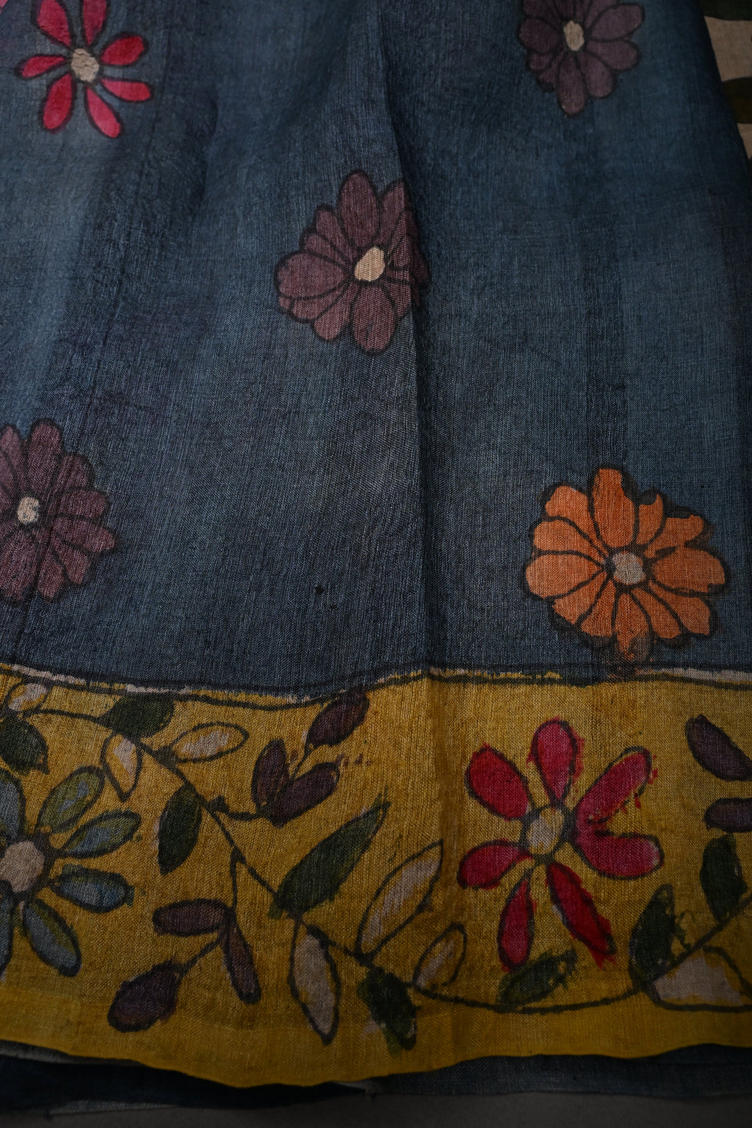 Floral Theme : Beige Authentic Pen Kalamkari Handpainted on Pure Tussar Silk Saree with Contrast Borders | SILK MARK CERTIFIED | SHOBITAM