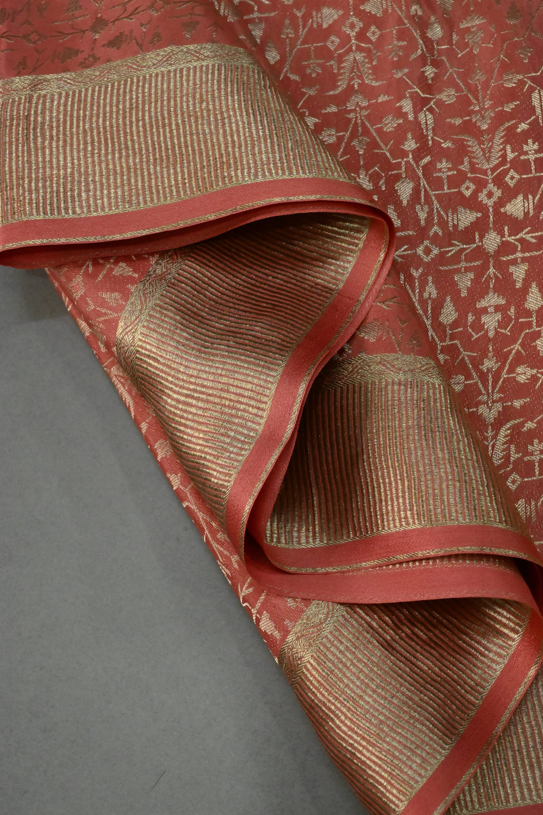 Coral Peach Mysore Silk Saree with Geometric Zari Brocade and Zari Border | SILK MARK CERTIFIED | SHOBITAM