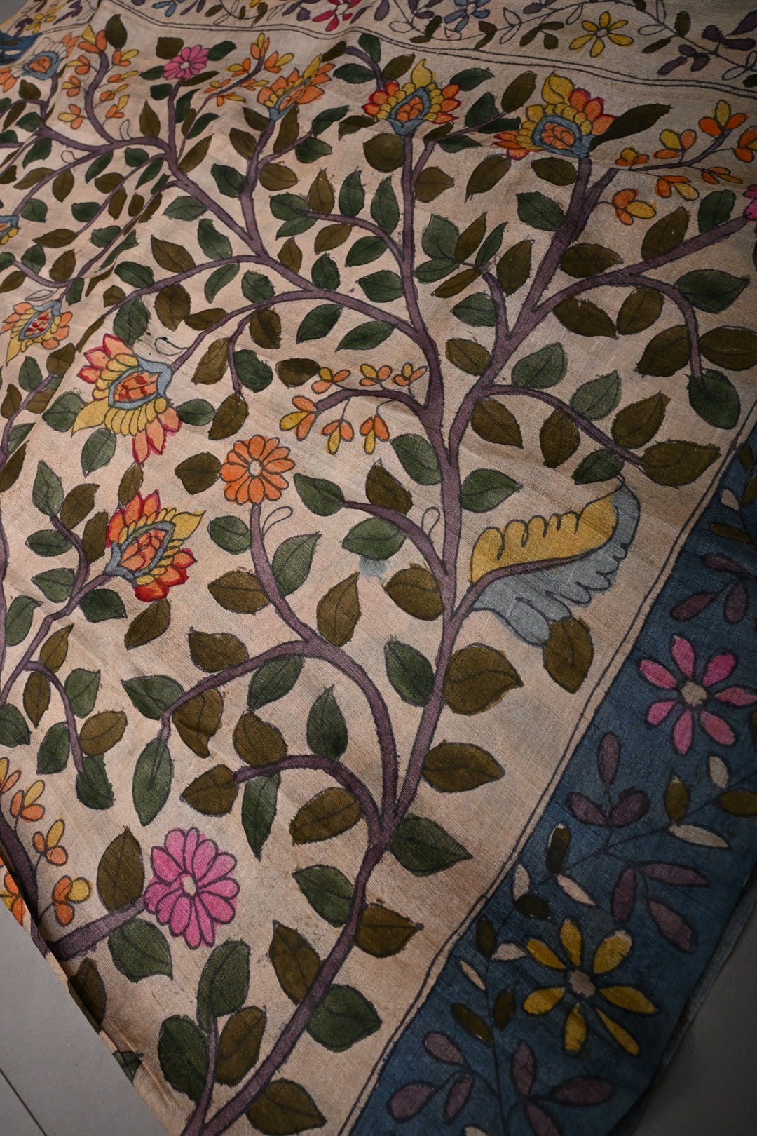 Floral Theme : Beige Authentic Pen Kalamkari Handpainted on Pure Tussar Silk Saree with Contrast Borders | SILK MARK CERTIFIED | SHOBITAM
