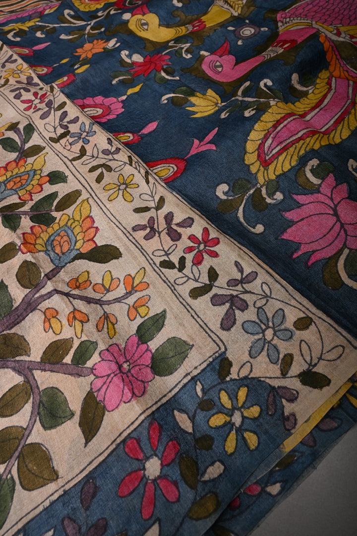 Floral Theme : Beige Authentic Pen Kalamkari Handpainted on Pure Tussar Silk Saree with Contrast Borders | SILK MARK CERTIFIED | SHOBITAM