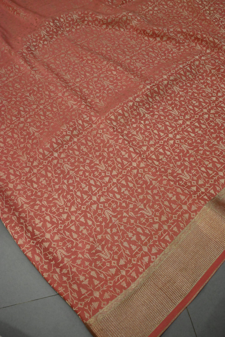 Coral Peach Mysore Silk Saree with Geometric Zari Brocade and Zari Border | SILK MARK CERTIFIED | SHOBITAM
