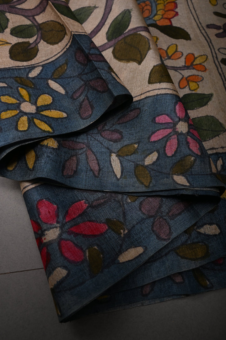 Floral Theme : Beige Authentic Pen Kalamkari Handpainted on Pure Tussar Silk Saree with Contrast Borders | SILK MARK CERTIFIED | SHOBITAM