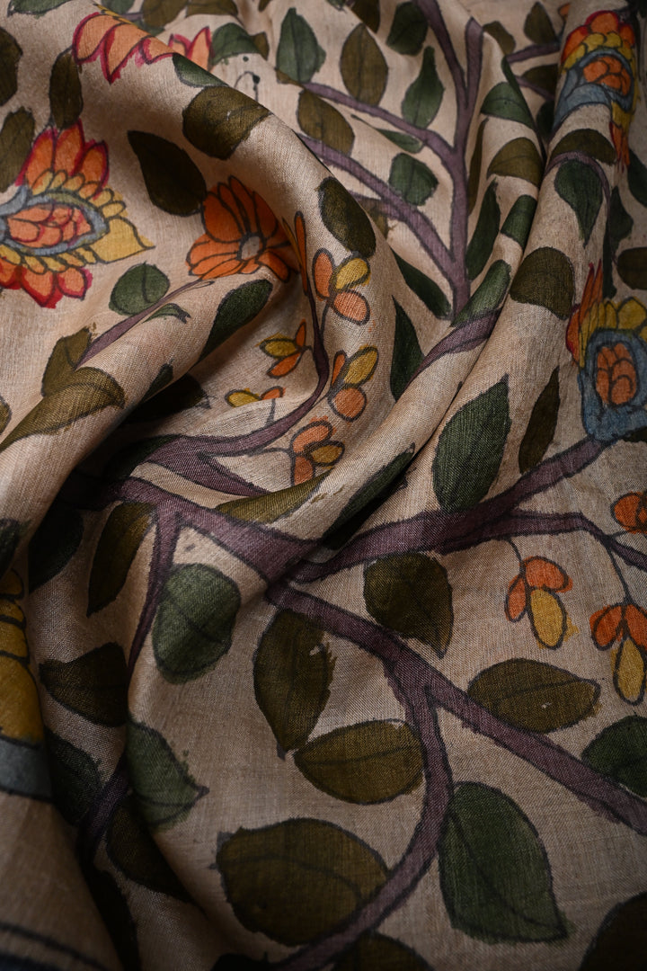 Floral Theme : Beige Authentic Pen Kalamkari Handpainted on Pure Tussar Silk Saree with Contrast Borders | SILK MARK CERTIFIED | SHOBITAM