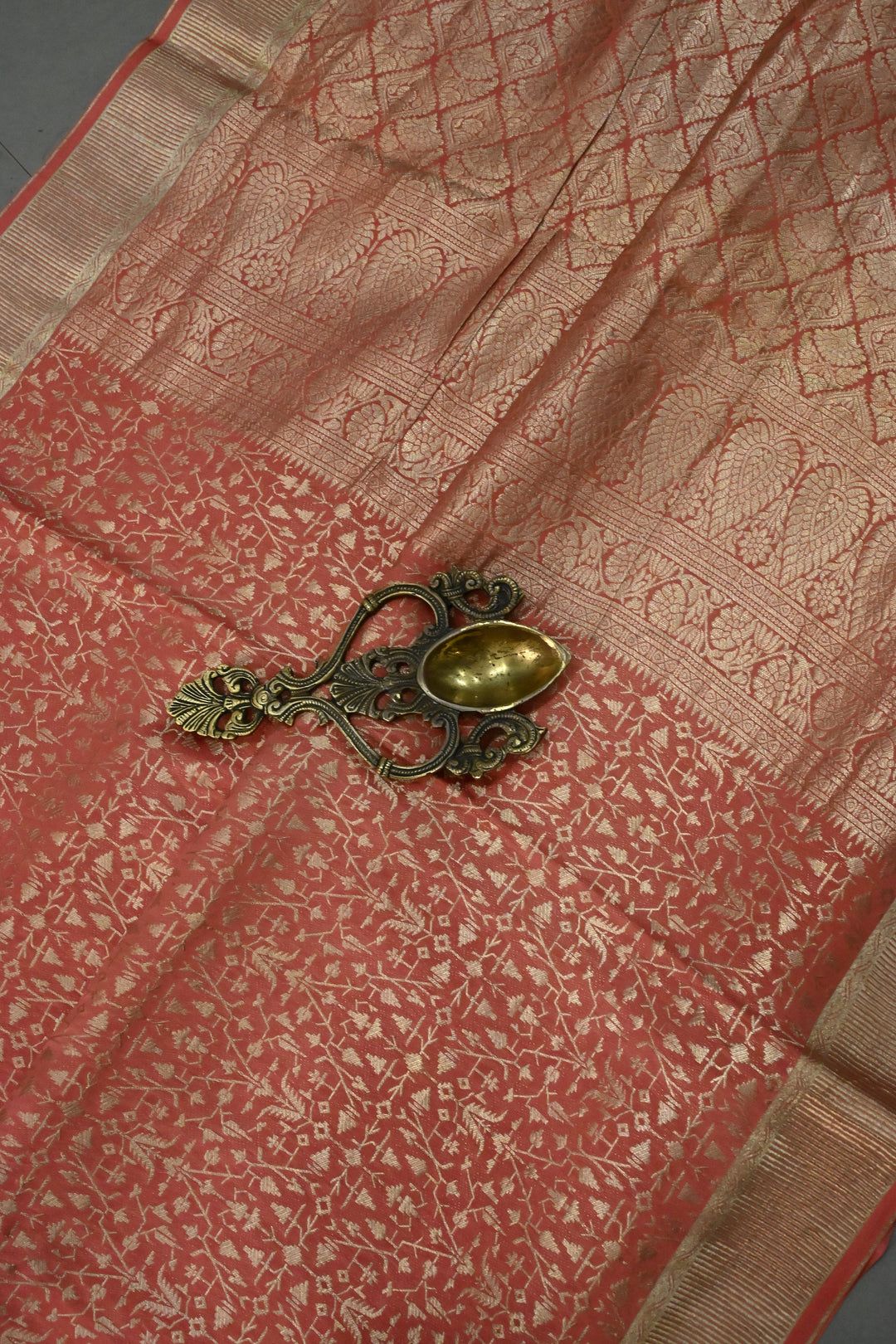 Coral Peach Mysore Silk Saree with Geometric Zari Brocade and Zari Border | SILK MARK CERTIFIED | SHOBITAM