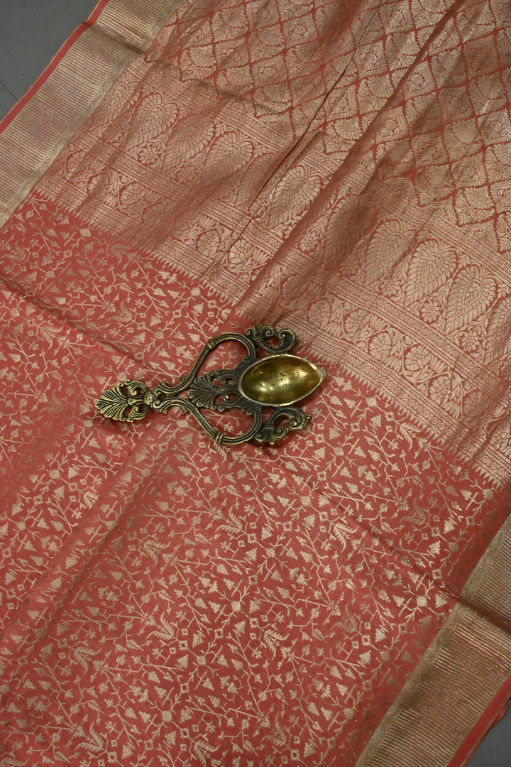 Coral Peach Mysore Silk Saree with Geometric Zari Brocade and Zari Border | SILK MARK CERTIFIED | SHOBITAM