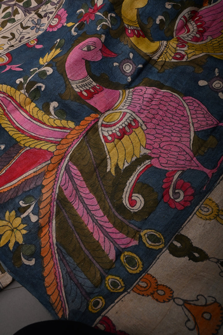 Floral Theme : Beige Authentic Pen Kalamkari Handpainted on Pure Tussar Silk Saree with Contrast Borders | SILK MARK CERTIFIED | SHOBITAM