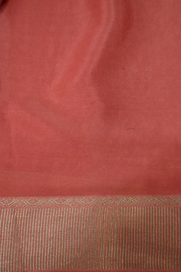 Coral Peach Mysore Silk Saree with Geometric Zari Brocade and Zari Border | SILK MARK CERTIFIED | SHOBITAM