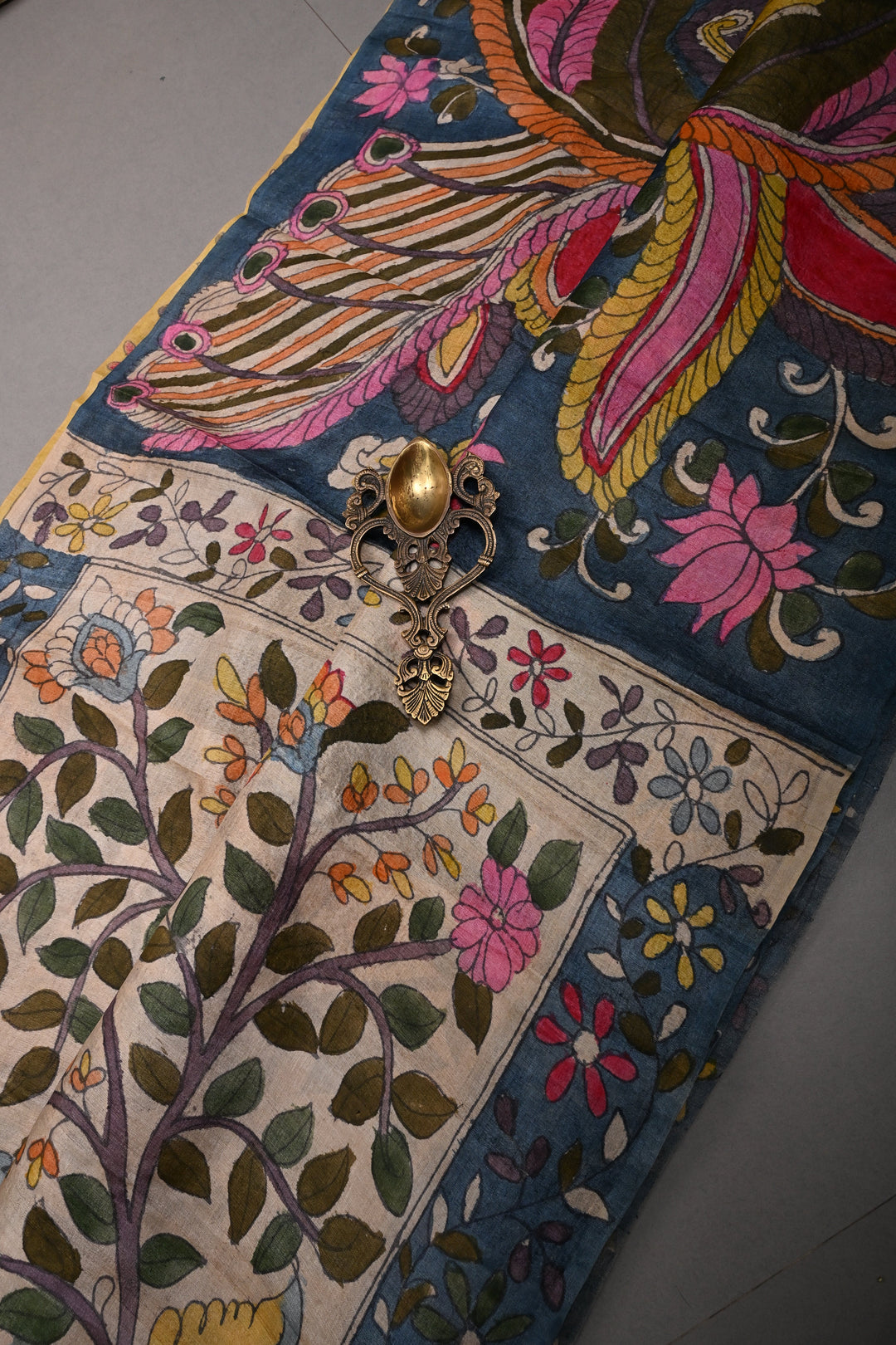 Floral Theme : Beige Authentic Pen Kalamkari Handpainted on Pure Tussar Silk Saree with Contrast Borders | SILK MARK CERTIFIED | SHOBITAM