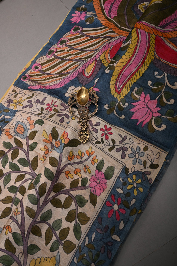 Floral Theme : Beige Authentic Pen Kalamkari Handpainted on Pure Tussar Silk Saree with Contrast Borders | SILK MARK CERTIFIED | SHOBITAM