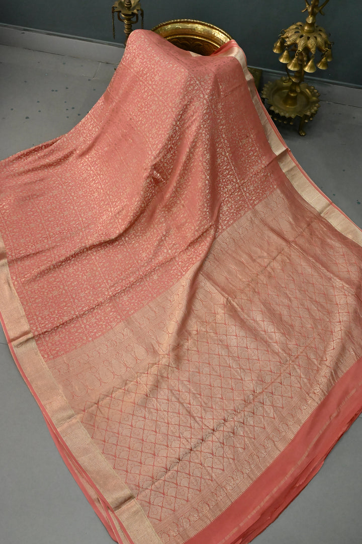 Coral Peach Mysore Silk Saree with Geometric Zari Brocade and Zari Border | SILK MARK CERTIFIED | SHOBITAM