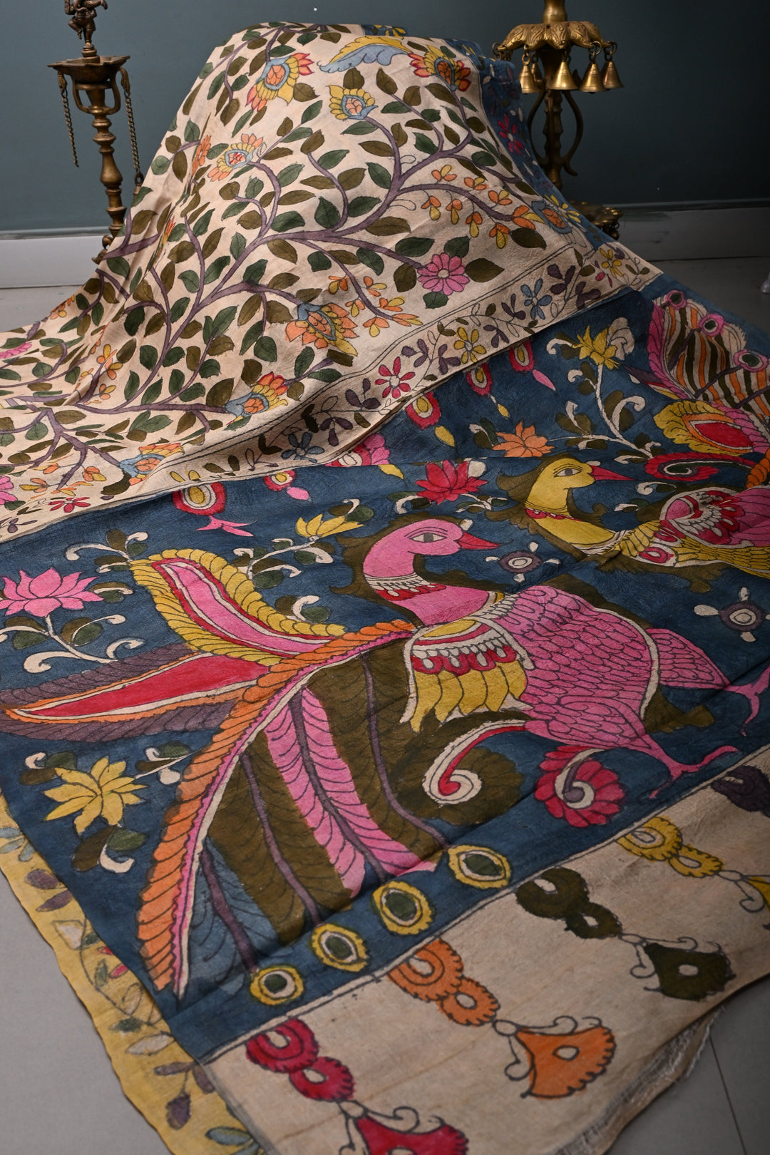 Floral Theme : Beige Authentic Pen Kalamkari Handpainted on Pure Tussar Silk Saree with Contrast Borders | SILK MARK CERTIFIED | SHOBITAM