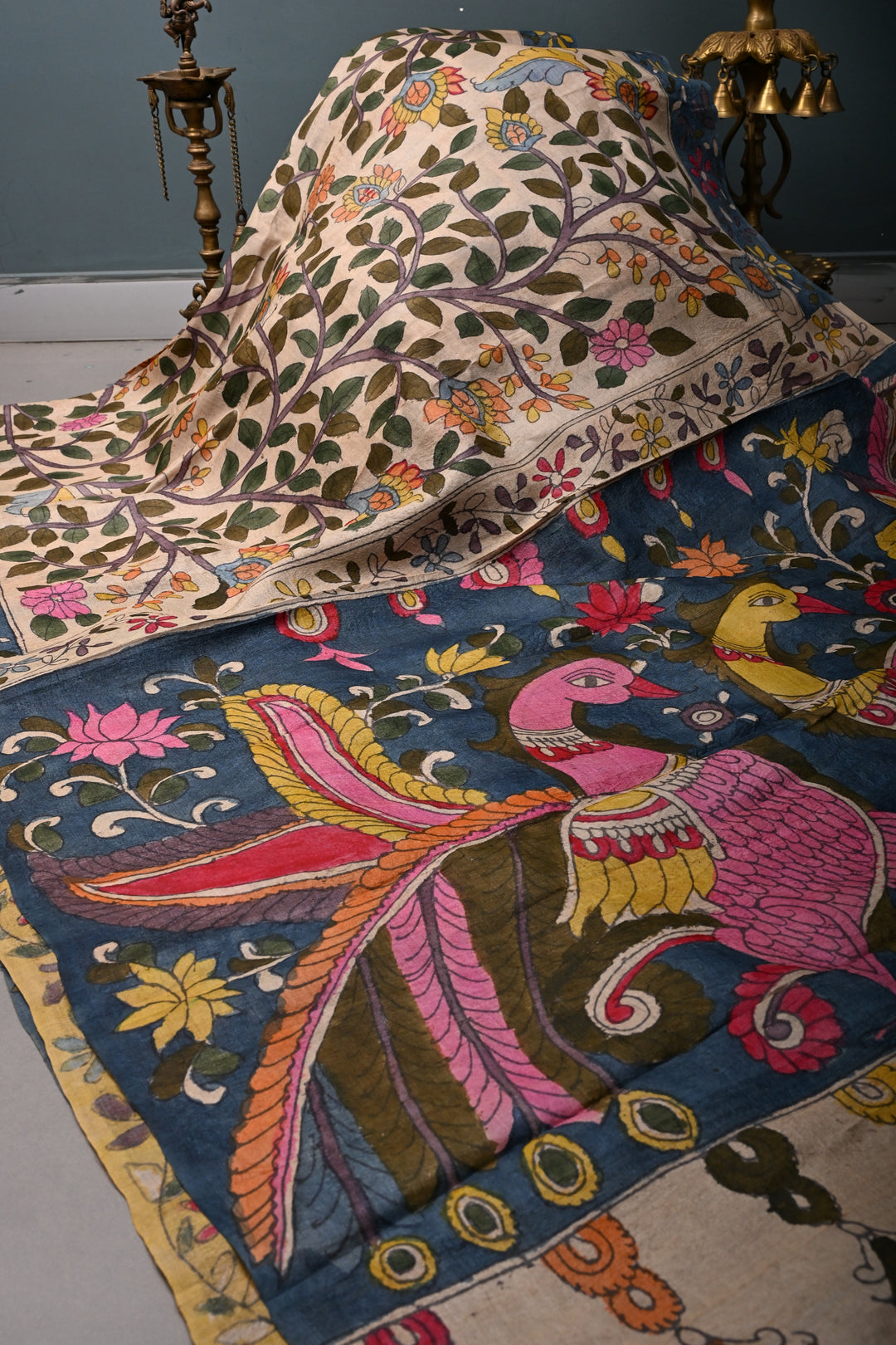 Floral Theme : Beige Authentic Pen Kalamkari Handpainted on Pure Tussar Silk Saree with Contrast Borders | SILK MARK CERTIFIED | SHOBITAM