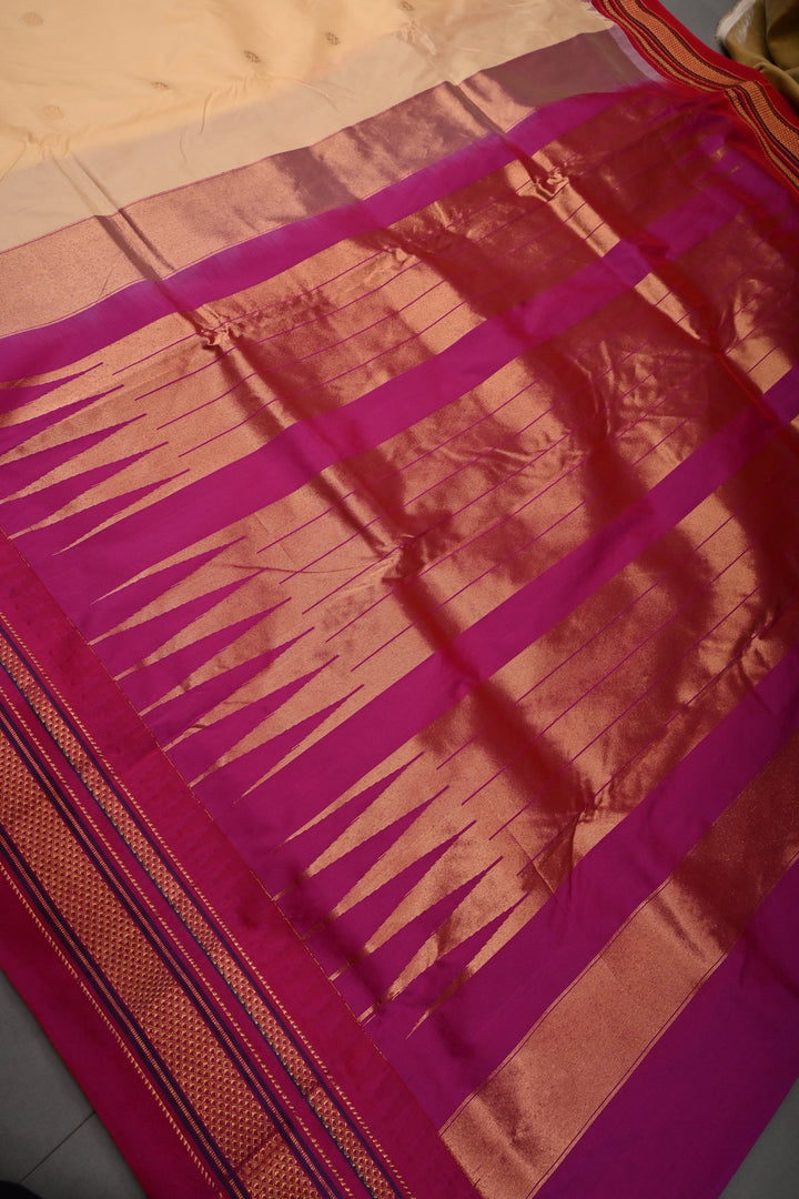 Apricot Ilkal Weave Mercerized Bagalkote Cotton Saree with Floral Zari Buttas and Contrast Zari Border | SHOBITAM