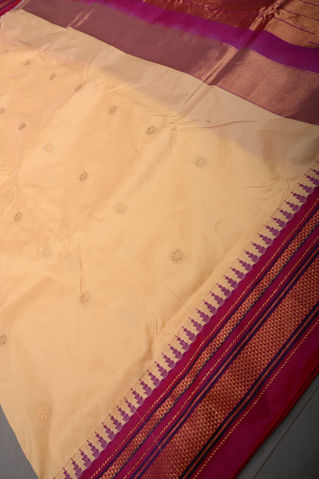 Apricot Ilkal Weave Mercerized Bagalkote Cotton Saree with Floral Zari Buttas and Contrast Zari Border | SHOBITAM