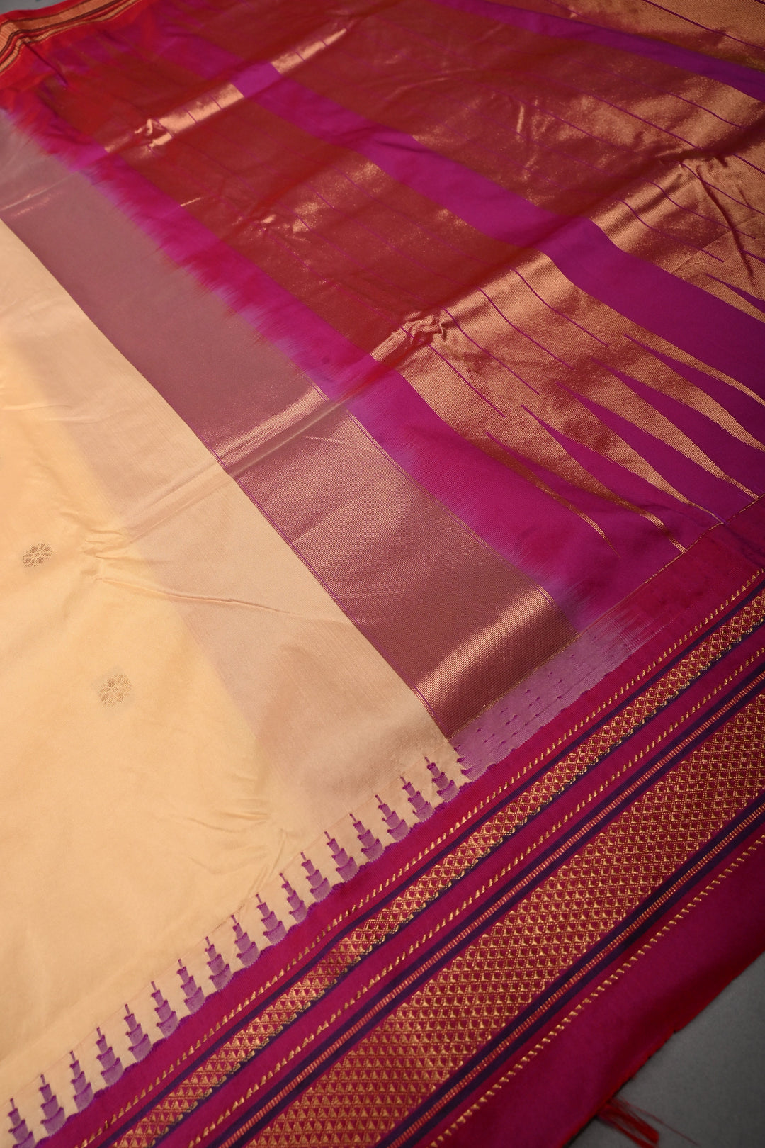 Apricot Ilkal Weave Mercerized Bagalkote Cotton Saree with Floral Zari Buttas and Contrast Zari Border | SHOBITAM