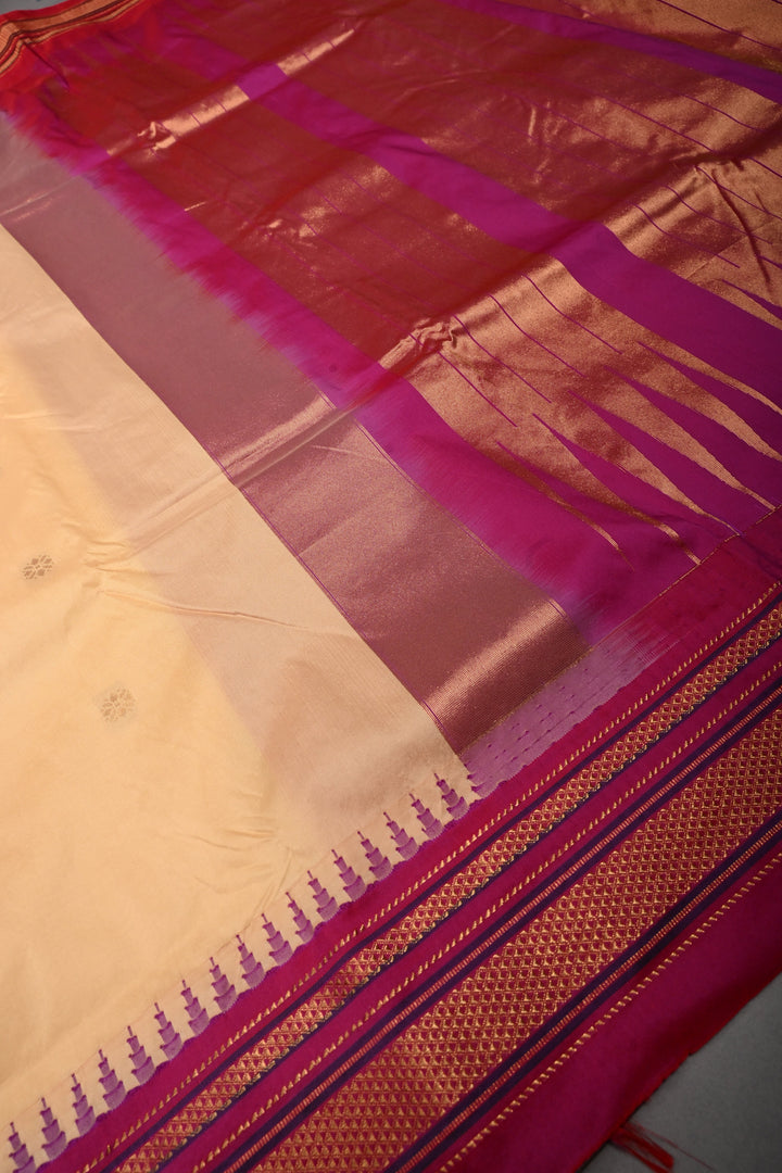 Apricot Ilkal Weave Mercerized Bagalkote Cotton Saree with Floral Zari Buttas and Contrast Zari Border | SHOBITAM