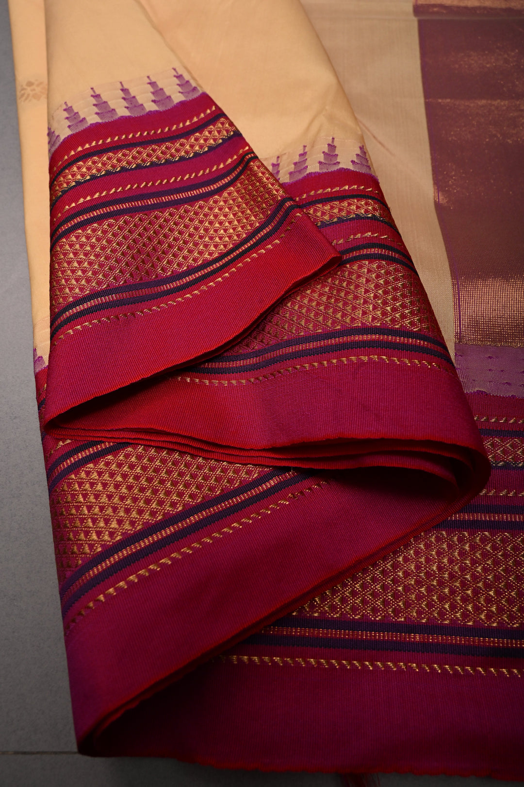 Apricot Ilkal Weave Mercerized Bagalkote Cotton Saree with Floral Zari Buttas and Contrast Zari Border | SHOBITAM