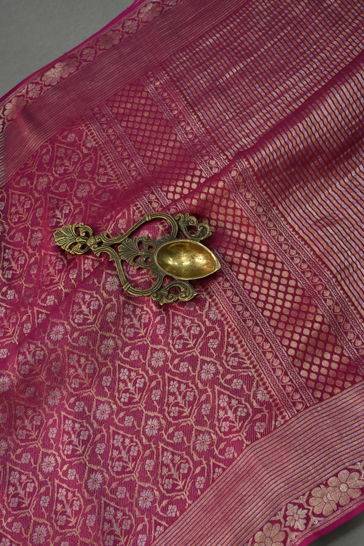 Magenta Mysore Silk Saree with Gold-Silver Zari Brocade and Zari Border | SILK MARK CERTIFIED | SHOBITAM