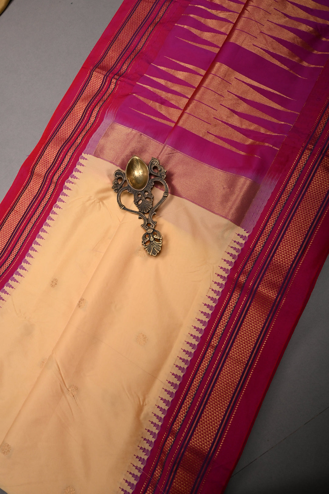 Apricot Ilkal Weave Mercerized Bagalkote Cotton Saree with Floral Zari Buttas and Contrast Zari Border | SHOBITAM