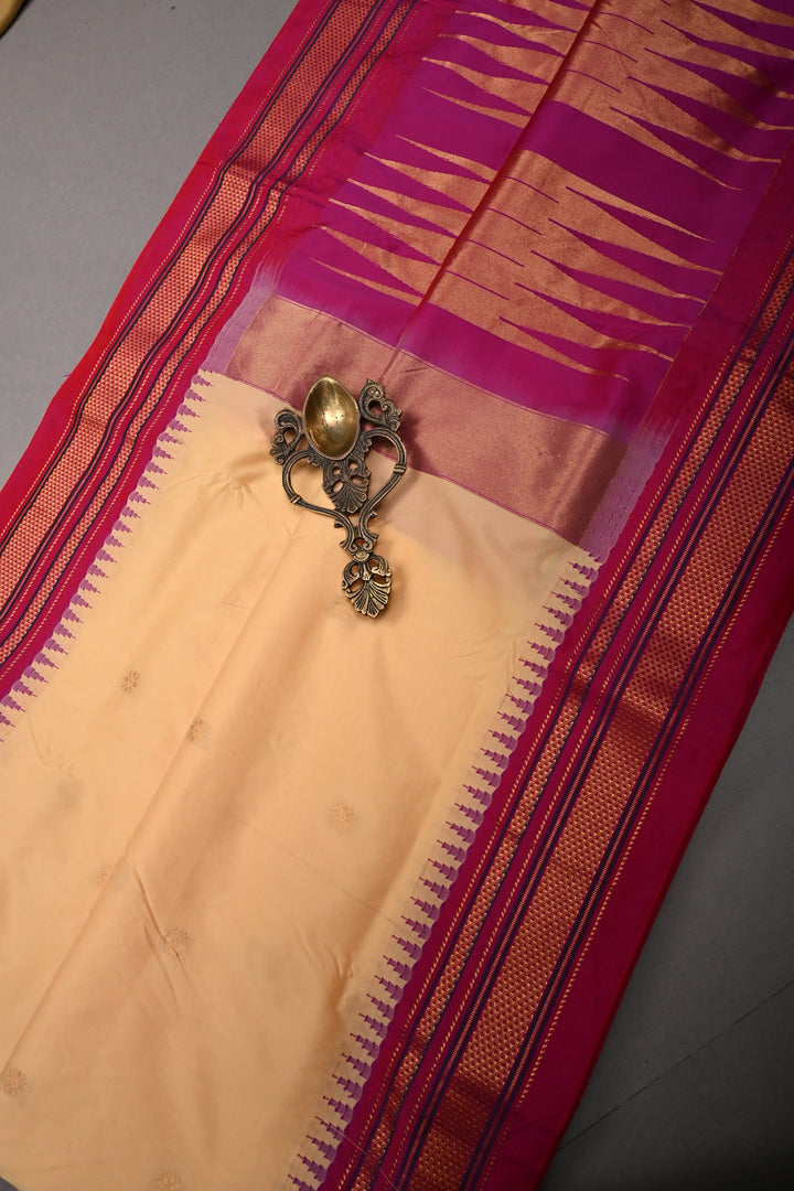 Apricot Ilkal Weave Mercerized Bagalkote Cotton Saree with Floral Zari Buttas and Contrast Zari Border | SHOBITAM