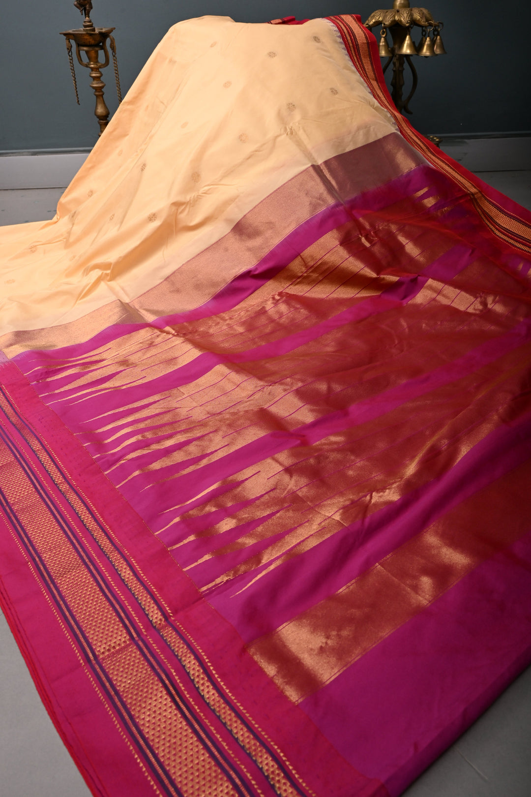 Apricot Ilkal Weave Mercerized Bagalkote Cotton Saree with Floral Zari Buttas and Contrast Zari Border | SHOBITAM