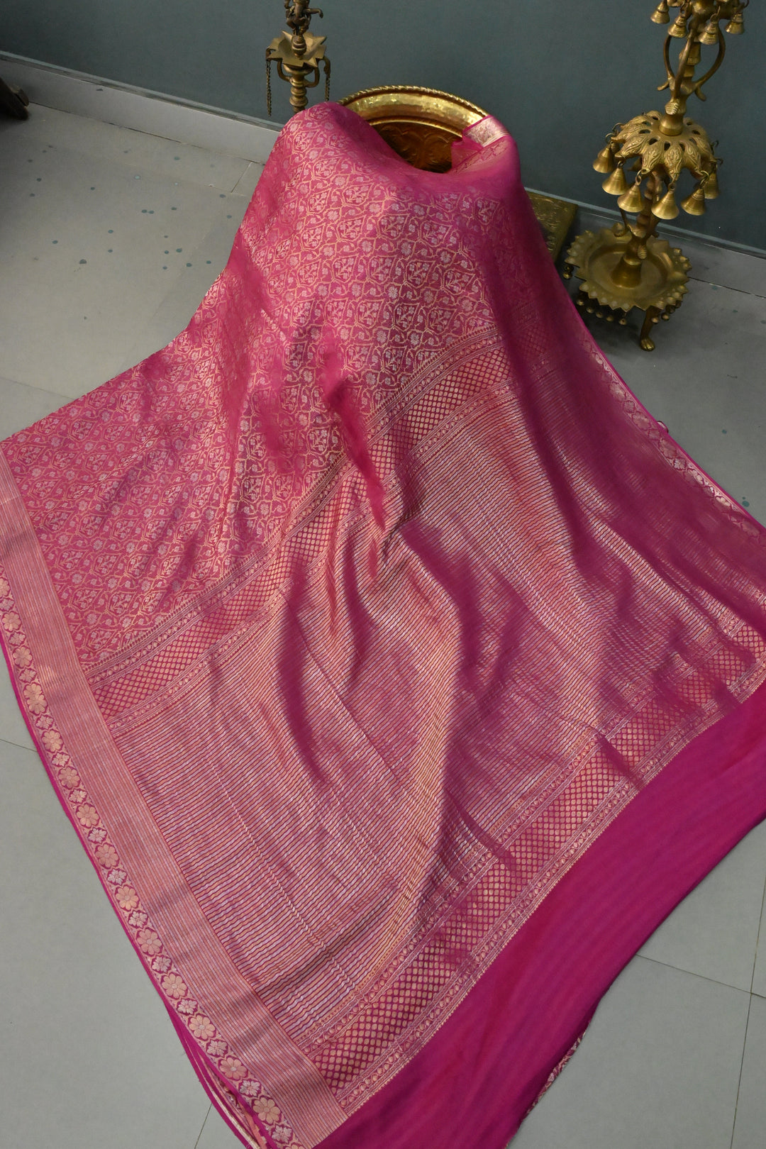 Magenta Mysore Silk Saree with Gold-Silver Zari Brocade and Zari Border | SILK MARK CERTIFIED | SHOBITAM