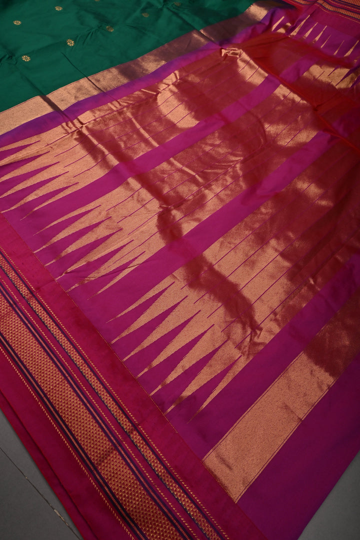 Emerald Green Ilkal Weave Mercerized Bagalkote Cotton Saree with Floral Zari Buttas and Contrast Zari Border | SHOBITAM