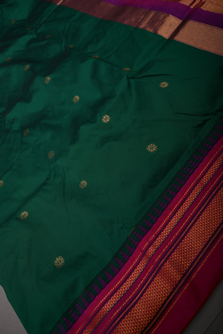 Emerald Green Ilkal Weave Mercerized Bagalkote Cotton Saree with Floral Zari Buttas and Contrast Zari Border | SHOBITAM