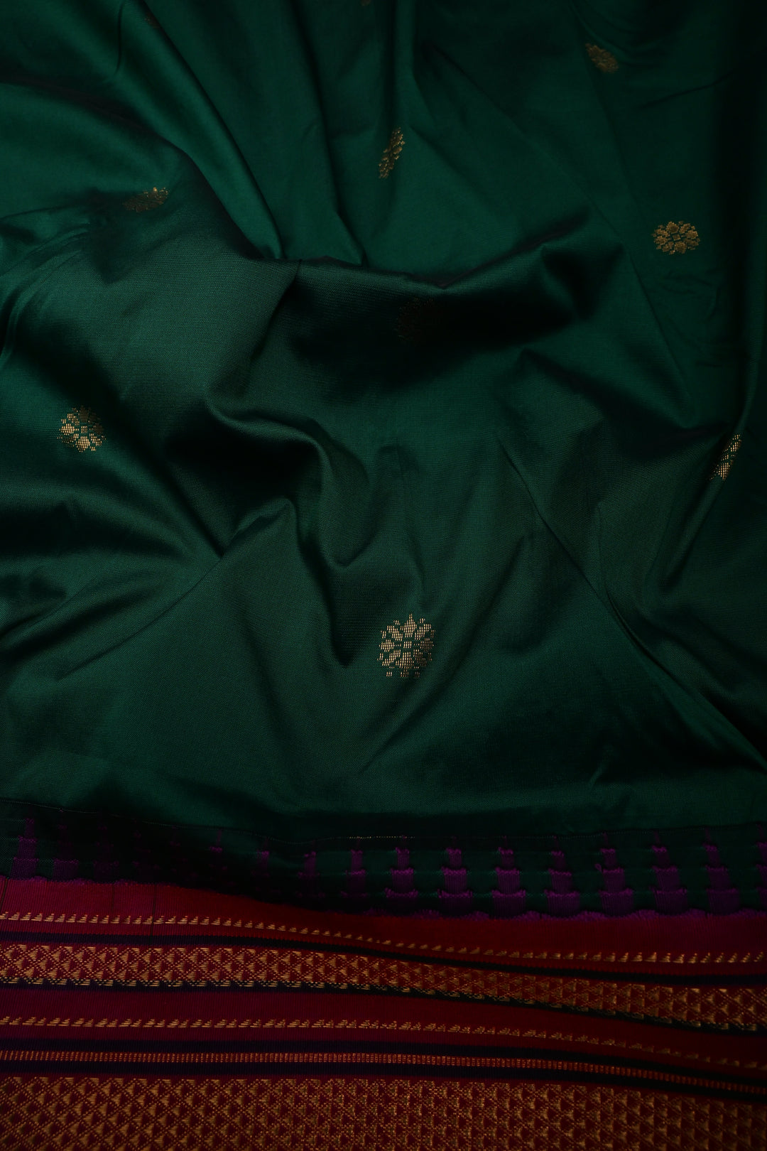Emerald Green Ilkal Weave Mercerized Bagalkote Cotton Saree with Floral Zari Buttas and Contrast Zari Border | SHOBITAM