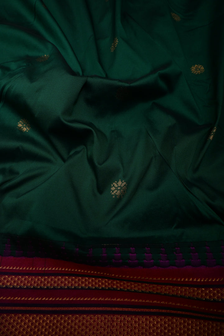 Emerald Green Ilkal Weave Mercerized Bagalkote Cotton Saree with Floral Zari Buttas and Contrast Zari Border | SHOBITAM