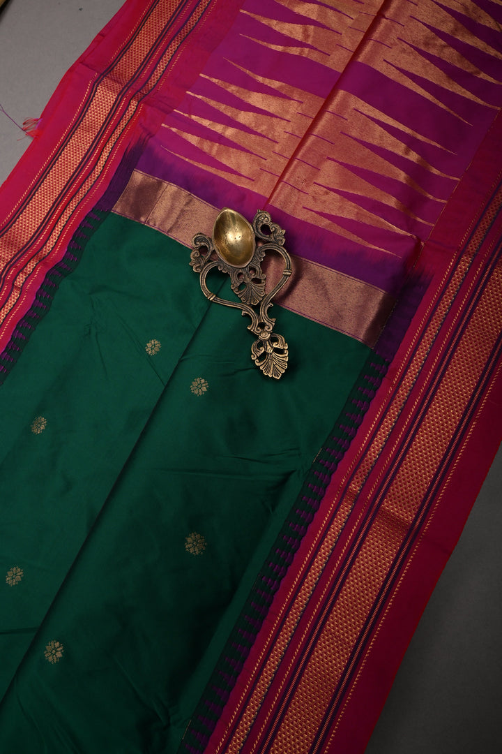 Emerald Green Ilkal Weave Mercerized Bagalkote Cotton Saree with Floral Zari Buttas and Contrast Zari Border | SHOBITAM