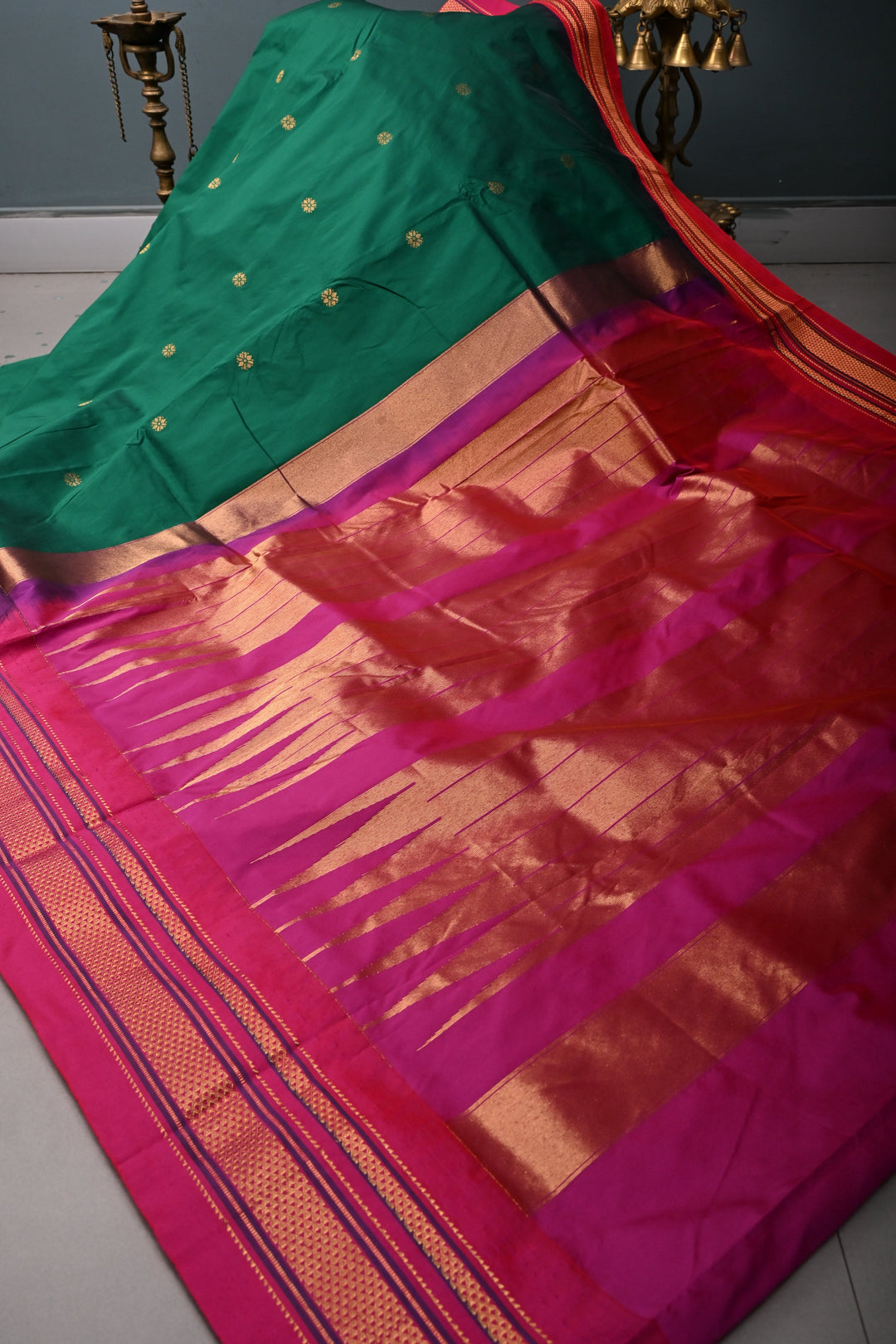 Emerald Green Ilkal Weave Mercerized Bagalkote Cotton Saree with Floral Zari Buttas and Contrast Zari Border | SHOBITAM