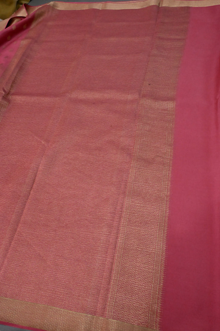 Rose Pink Mysore Silk Saree with Brocade-Zari Buttas Grid Design and Minimal Zari Border | SILK MARK CERTIFIED | SHOBITAM