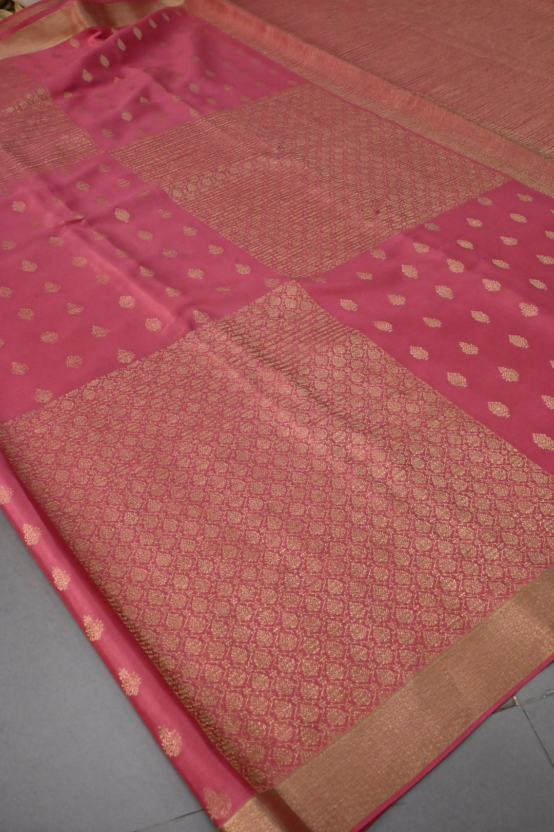 Rose Pink Mysore Silk Saree with Brocade-Zari Buttas Grid Design and Minimal Zari Border | SILK MARK CERTIFIED | SHOBITAM