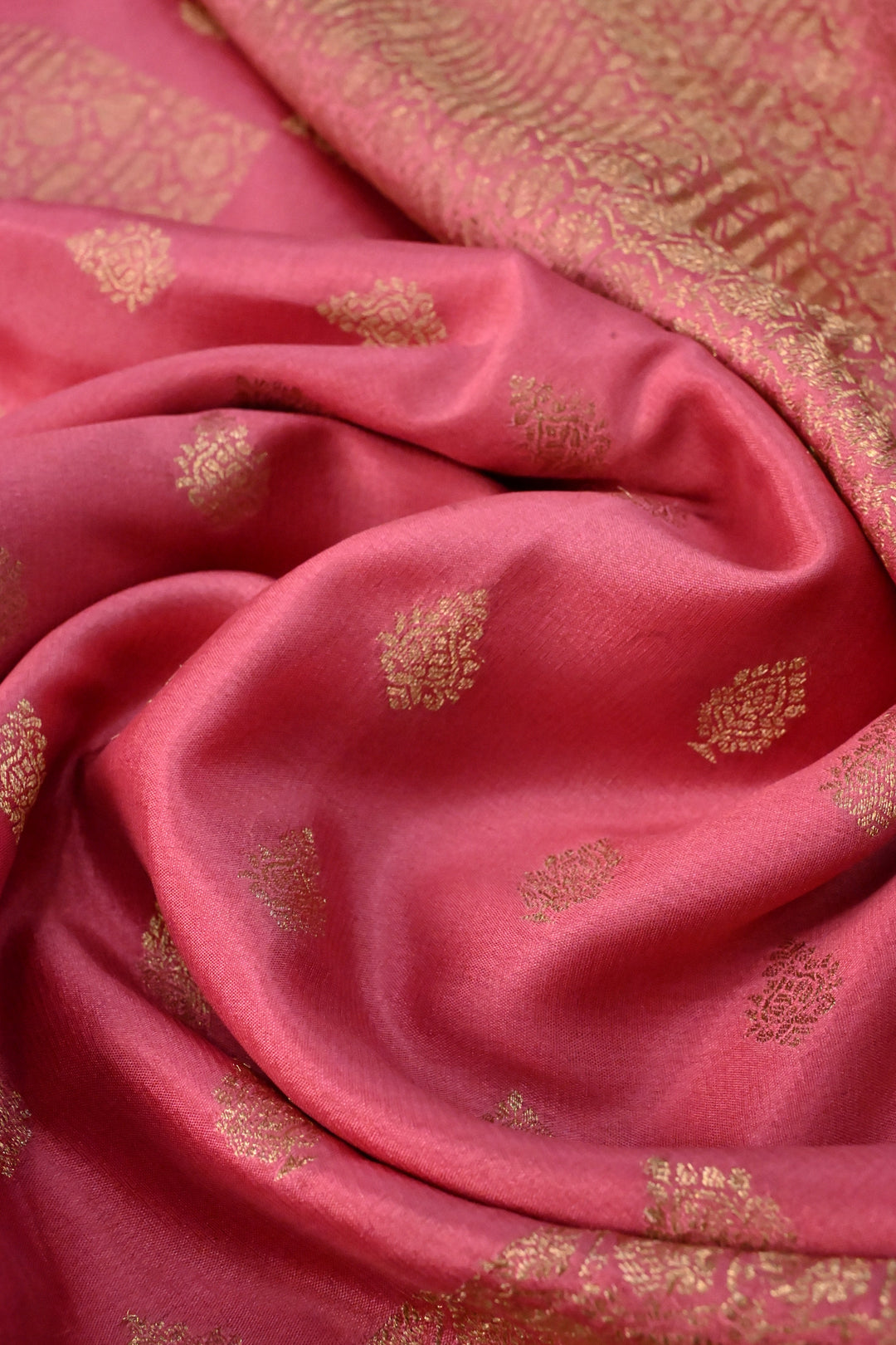 Rose Pink Mysore Silk Saree with Brocade-Zari Buttas Grid Design and Minimal Zari Border | SILK MARK CERTIFIED | SHOBITAM