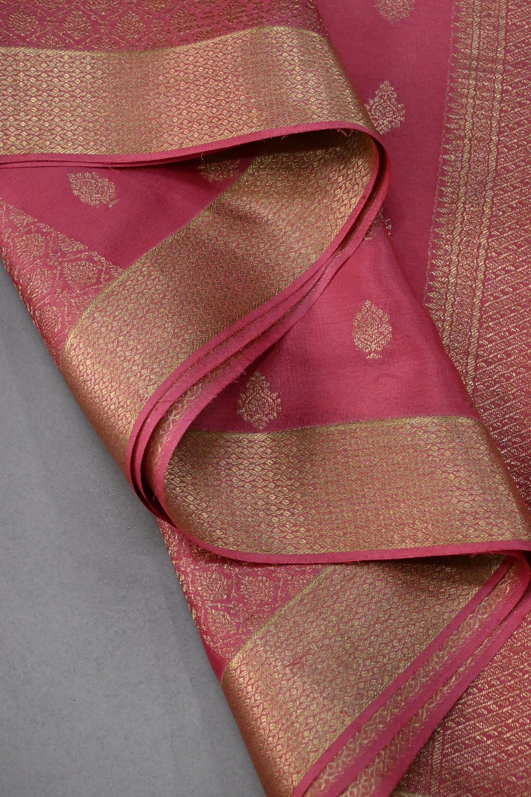 Rose Pink Mysore Silk Saree with Brocade-Zari Buttas Grid Design and Minimal Zari Border | SILK MARK CERTIFIED | SHOBITAM