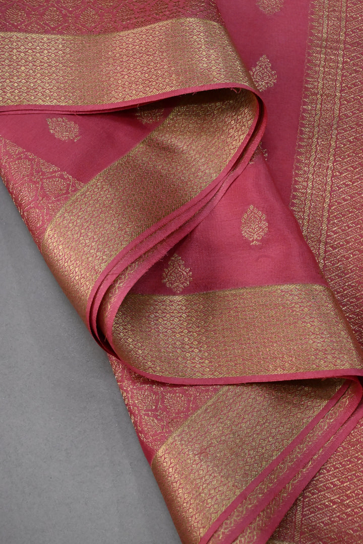 Rose Pink Mysore Silk Saree with Brocade-Zari Buttas Grid Design and Minimal Zari Border | SILK MARK CERTIFIED | SHOBITAM
