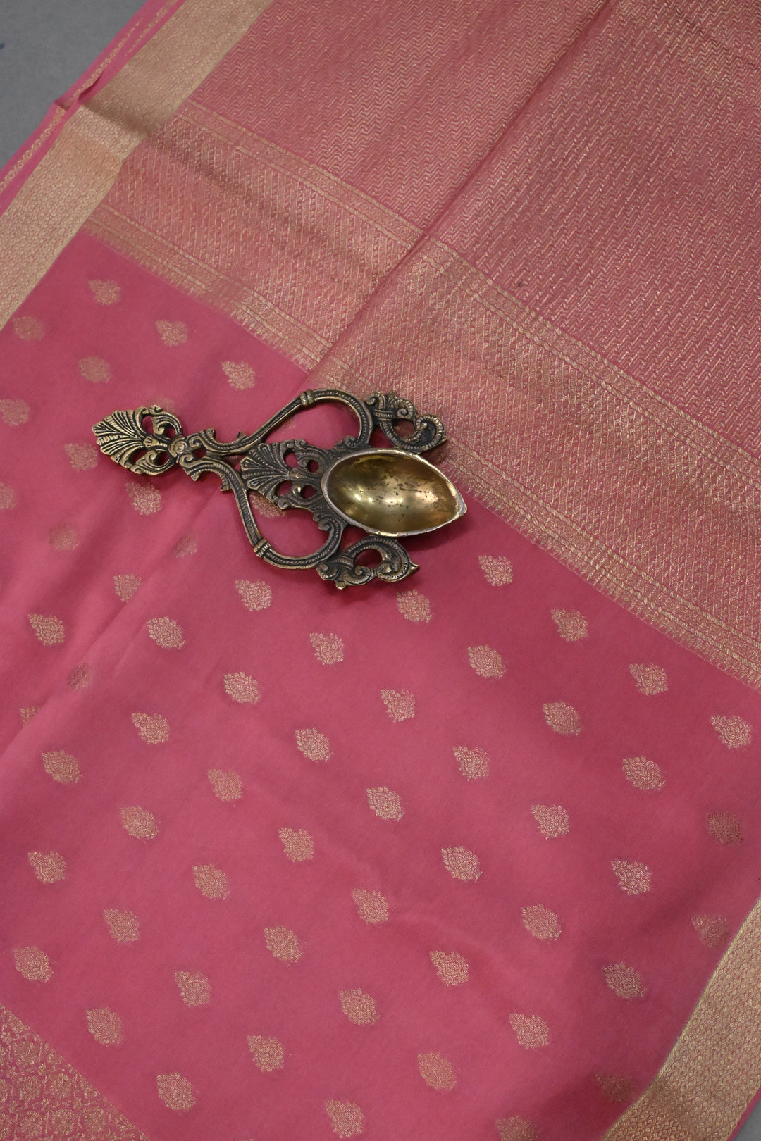 Rose Pink Mysore Silk Saree with Brocade-Zari Buttas Grid Design and Minimal Zari Border | SILK MARK CERTIFIED | SHOBITAM