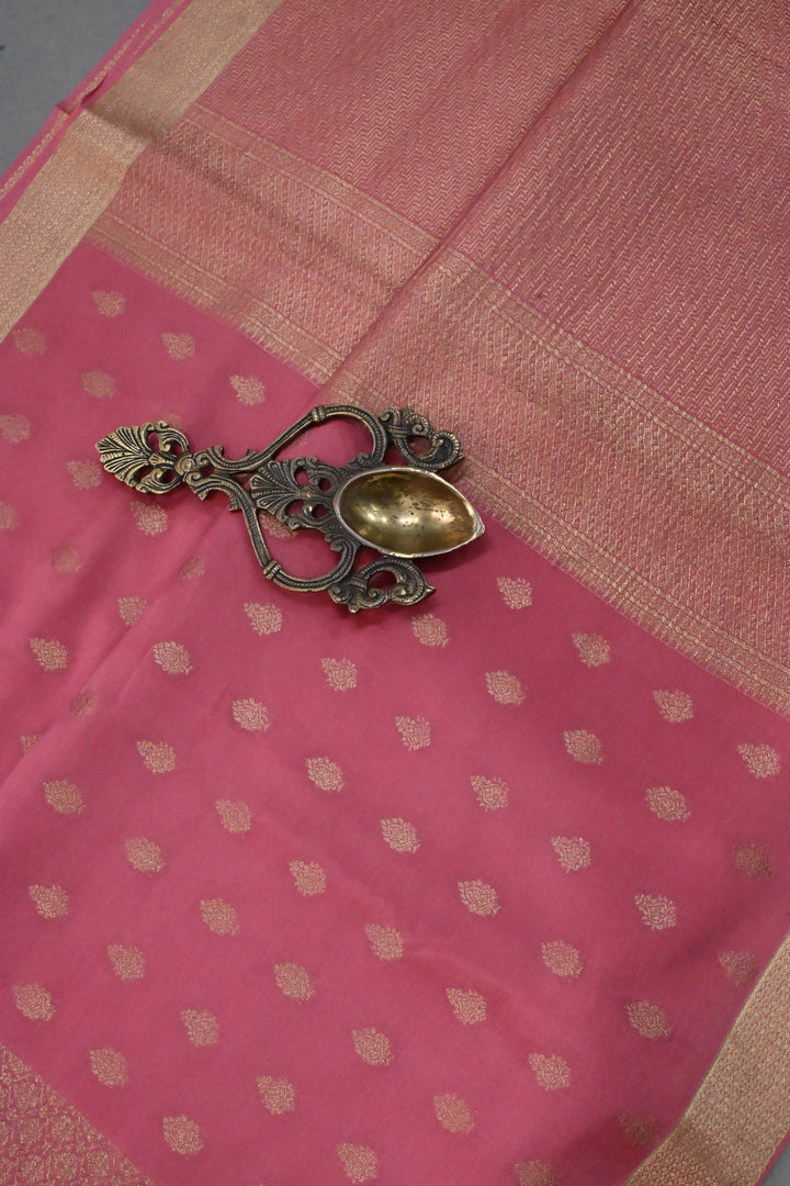 Rose Pink Mysore Silk Saree with Brocade-Zari Buttas Grid Design and Minimal Zari Border | SILK MARK CERTIFIED | SHOBITAM