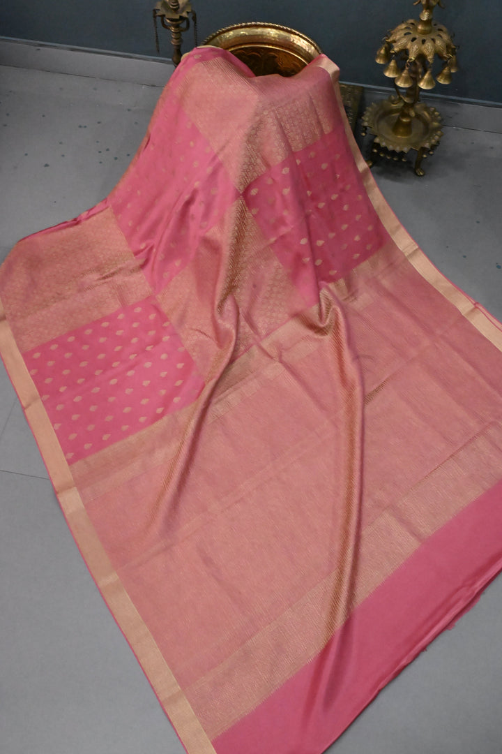 Rose Pink Mysore Silk Saree with Brocade-Zari Buttas Grid Design and Minimal Zari Border | SILK MARK CERTIFIED | SHOBITAM