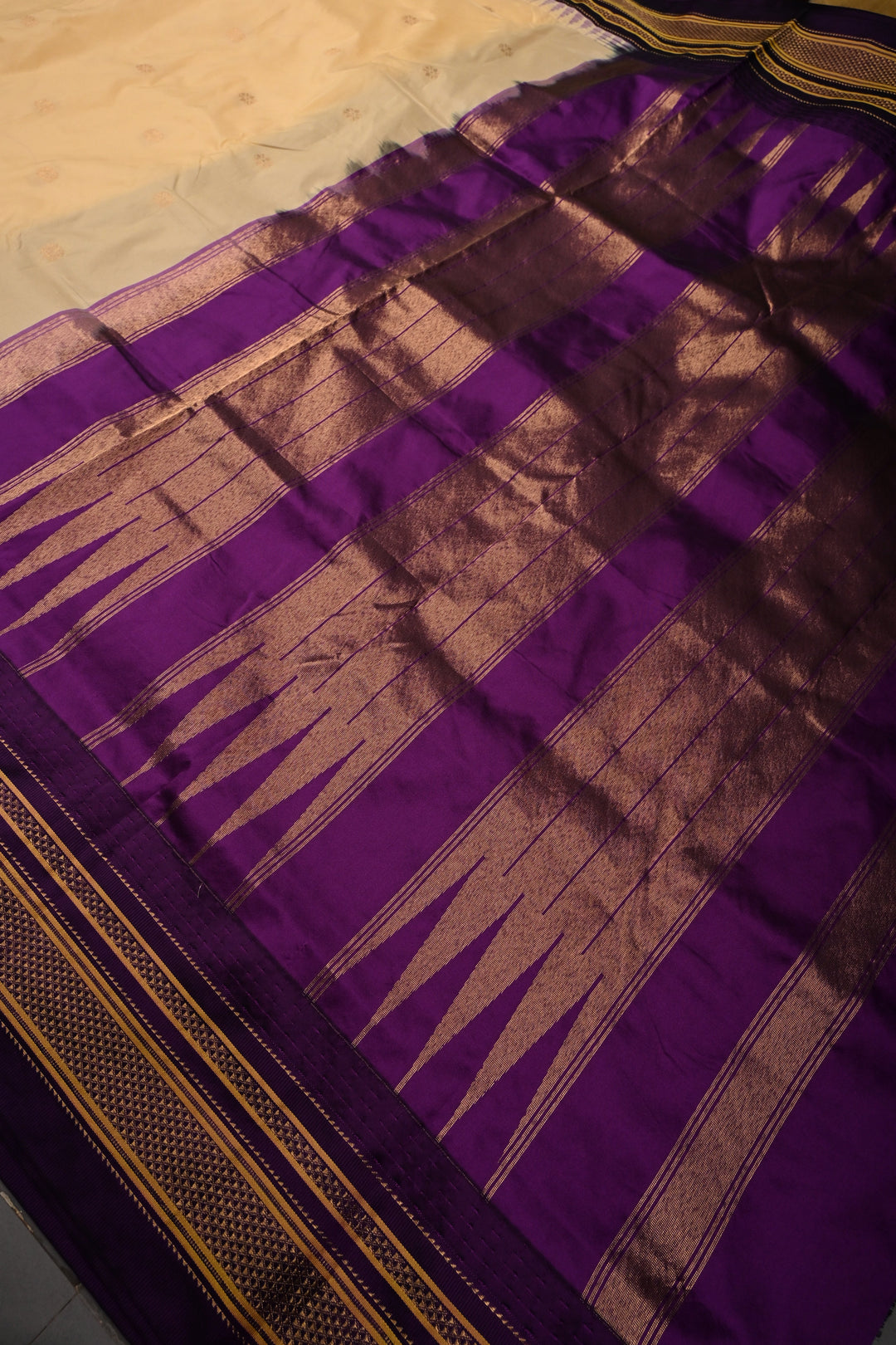 Morning Glory Ilkal Weave Mercerized Bagalkote Cotton Saree with Floral Zari Buttas and Contrast Zari Border | SHOBITAM