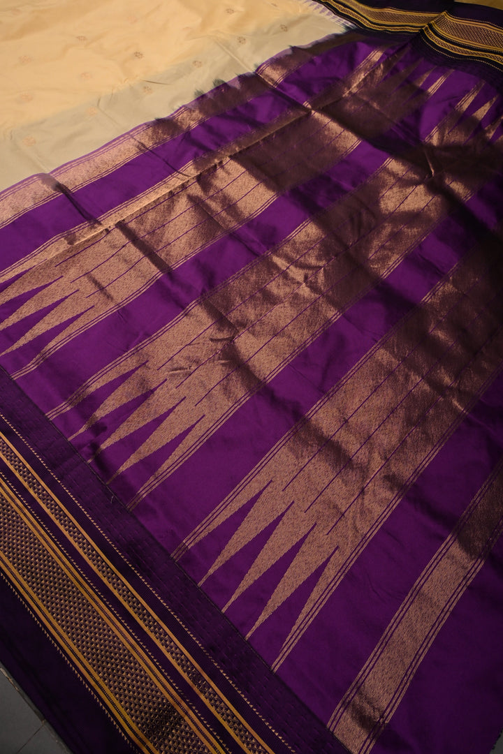 Morning Glory Ilkal Weave Mercerized Bagalkote Cotton Saree with Floral Zari Buttas and Contrast Zari Border | SHOBITAM