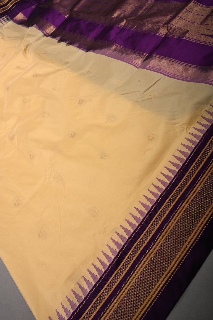 Morning Glory Ilkal Weave Mercerized Bagalkote Cotton Saree with Floral Zari Buttas and Contrast Zari Border | SHOBITAM