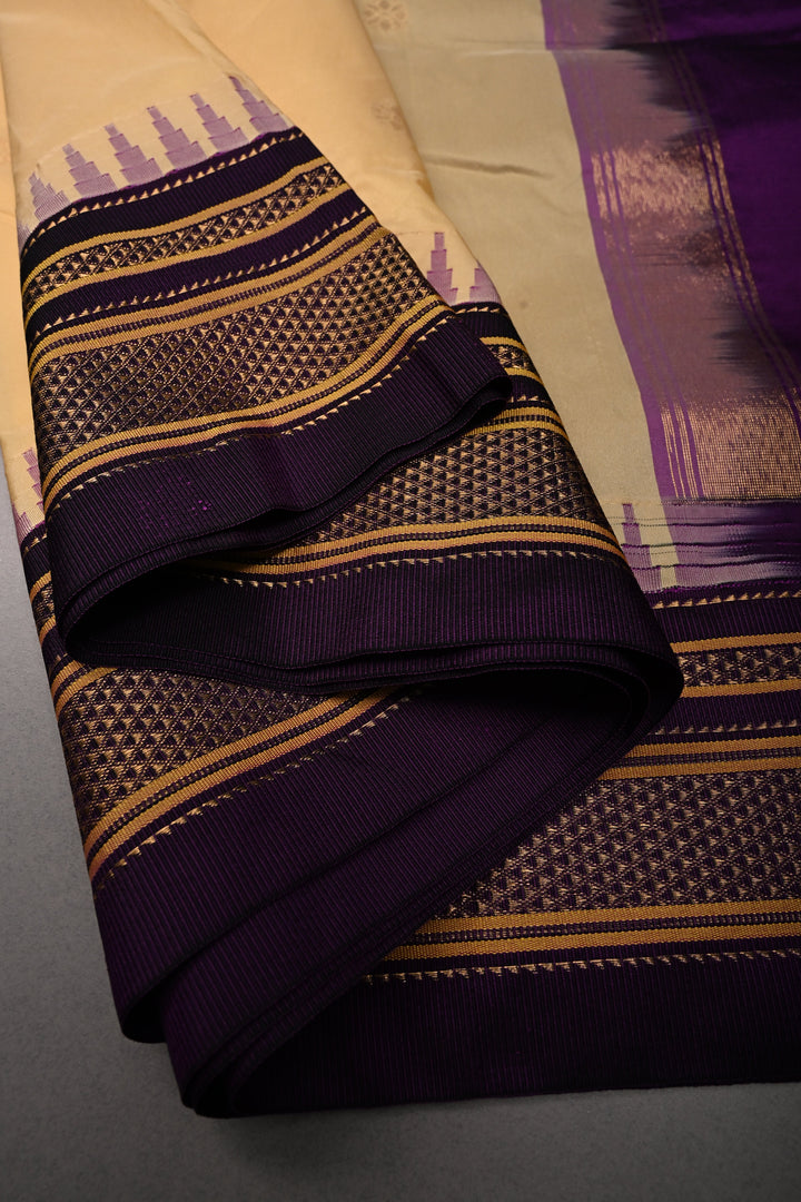Morning Glory Ilkal Weave Mercerized Bagalkote Cotton Saree with Floral Zari Buttas and Contrast Zari Border | SHOBITAM